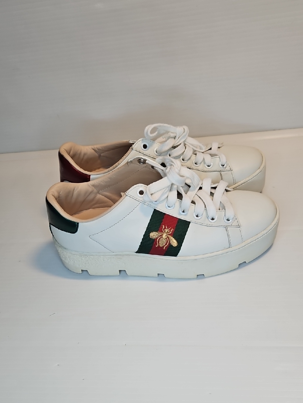 Authentic Gucci Ace Bee Platform Chunky Sneakers White Leather – Size 36 / US 6 - Picture 2 of 12